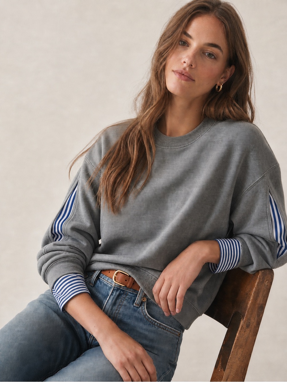 Derek Lam Gray Crewneck Sweater with Striped Cuff Detail
